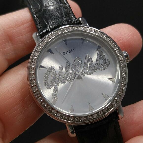 GUESS Wristwatch Logo Dial Rhinestones, Black Leather Strap, G76072L, 9 Inches - Picture 2 of 11